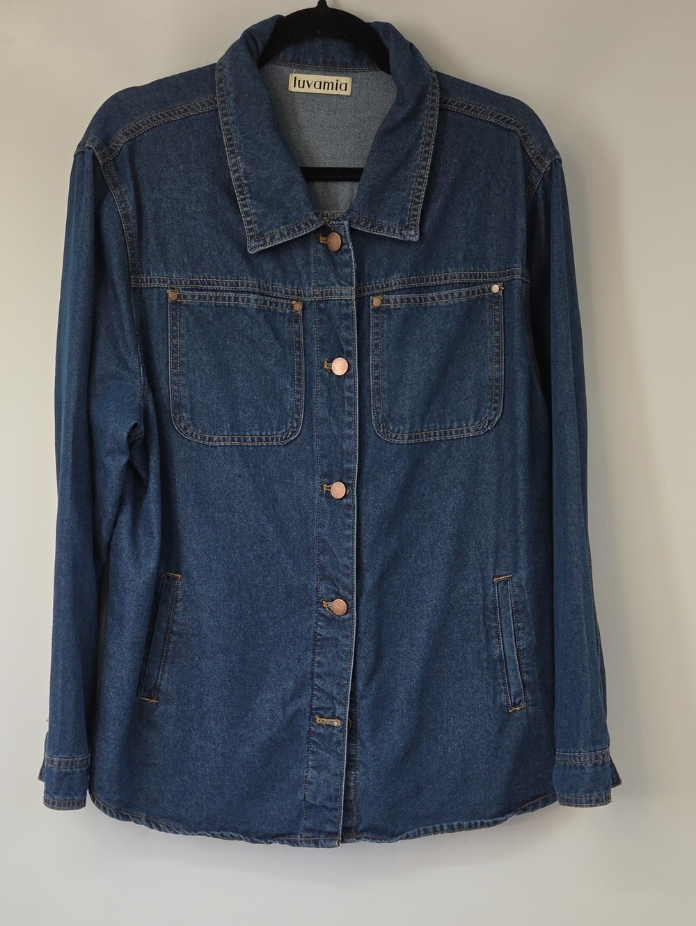 Luvamia Women’s Blue Denim Chore Coat Jacket Patch Pockets Sz:XL